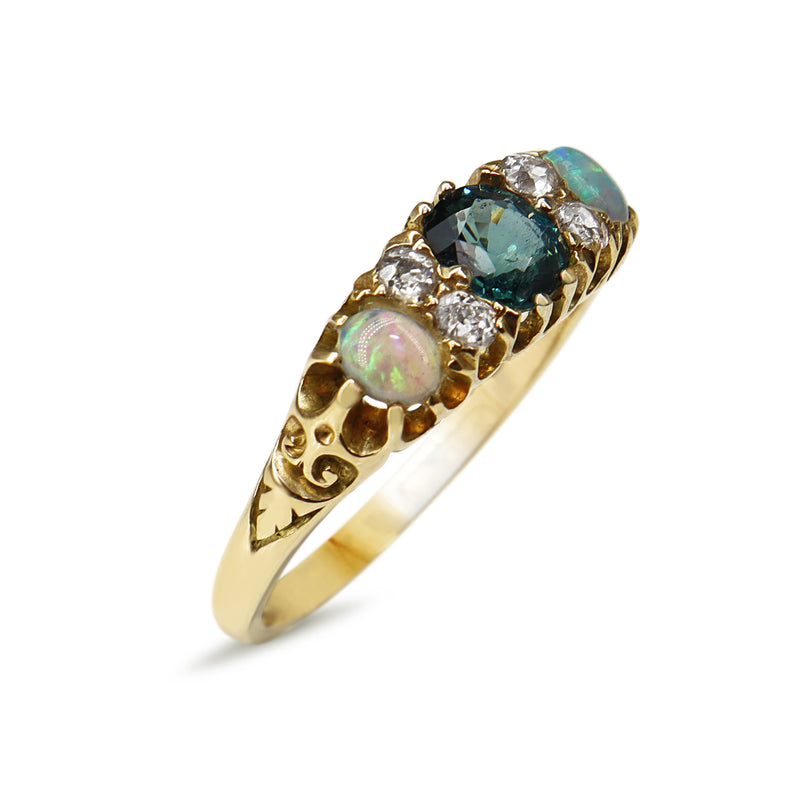 18ct Yellow Gold Victorian Sapphire, Opal and Old Cut Diamond Ring