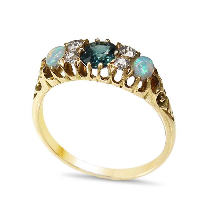 18ct Yellow Gold Victorian Sapphire, Opal and Old Cut Diamond Ring