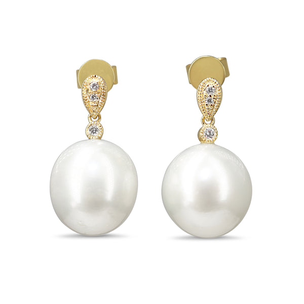 18ct Yellow Gold 11mm South Sea Pearl and Diamond Earrings