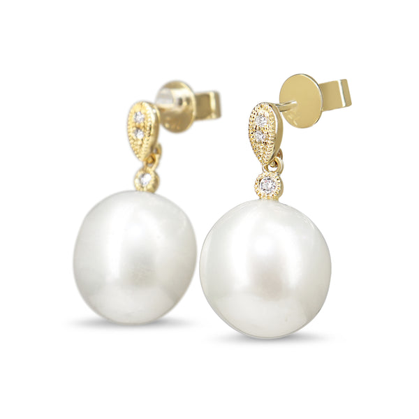 18ct Yellow Gold 11mm South Sea Pearl and Diamond Earrings