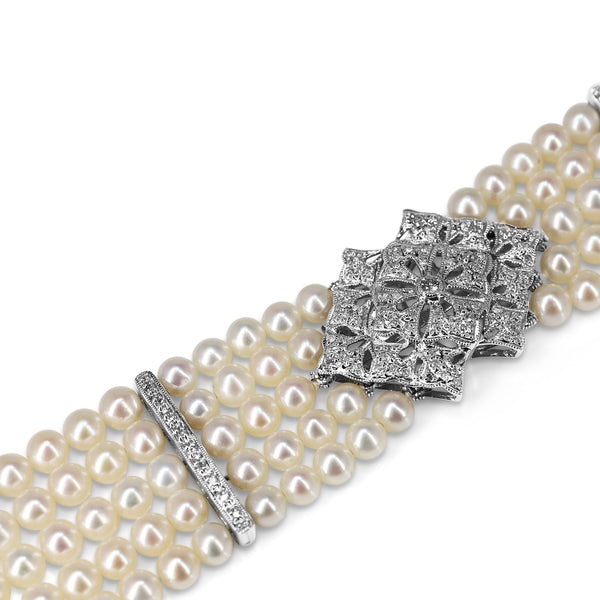 14ct White Gold Diamond and Cultured Pearl Bracelet