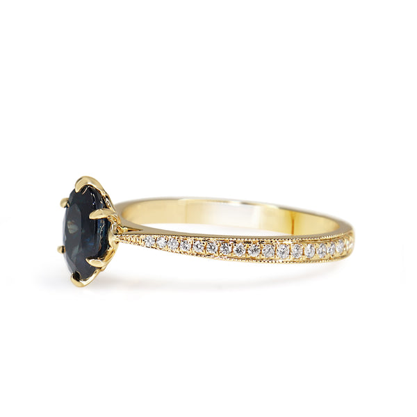 18ct Yellow Gold Sapphire Solitaire and Diamond Ring