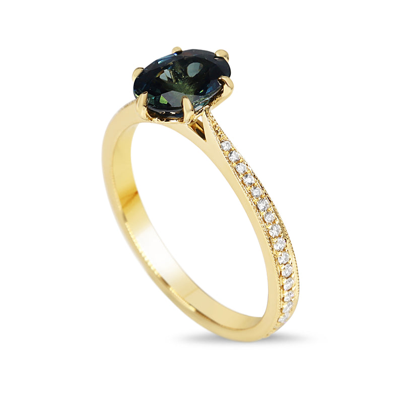 18ct Yellow Gold Sapphire Solitaire and Diamond Ring