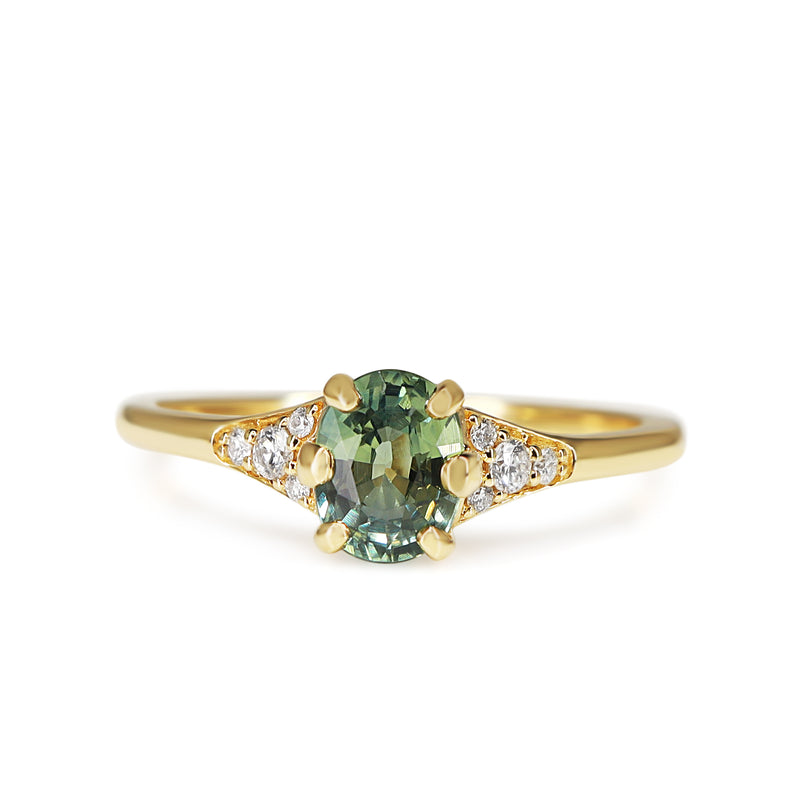 18ct Yellow Gold Light Teal Sapphire and Diamond Ring