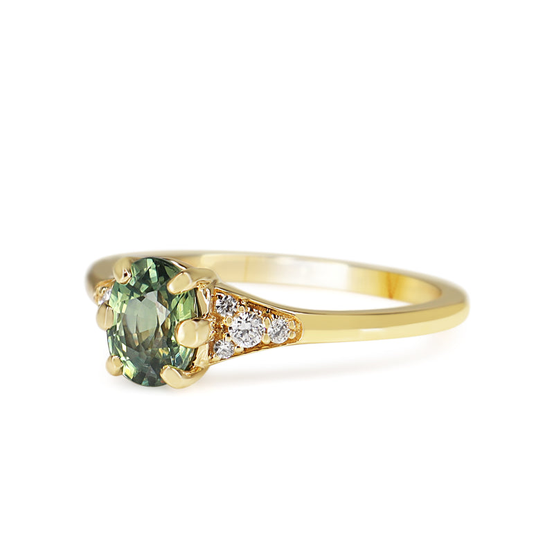 18ct Yellow Gold Light Teal Sapphire and Diamond Ring