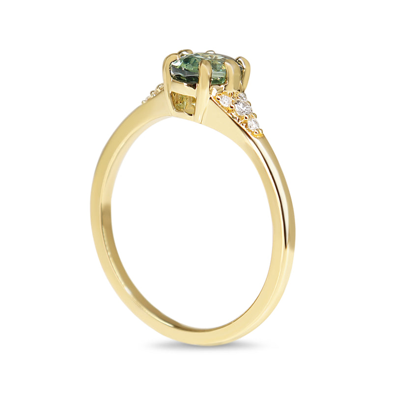 18ct Yellow Gold Light Teal Sapphire and Diamond Ring