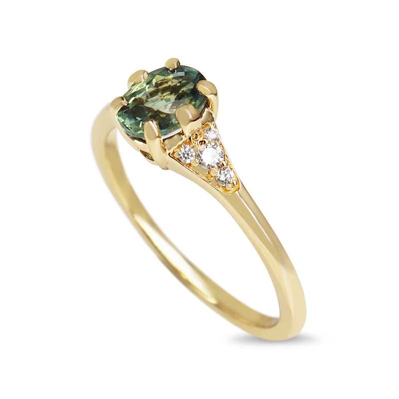 18ct Yellow Gold Light Teal Sapphire and Diamond Ring