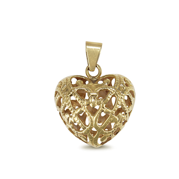 18ct Yellow Gold Puffed Pierced Out Heart Pendant