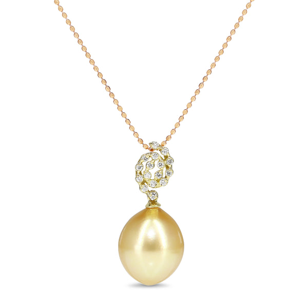 18ct Yellow Gold Golden South Sea Pearl and Diamond Necklace on Rose Gold Chain