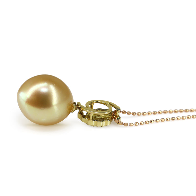 18ct Yellow Gold Golden South Sea Pearl and Diamond Necklace on Rose Gold Chain