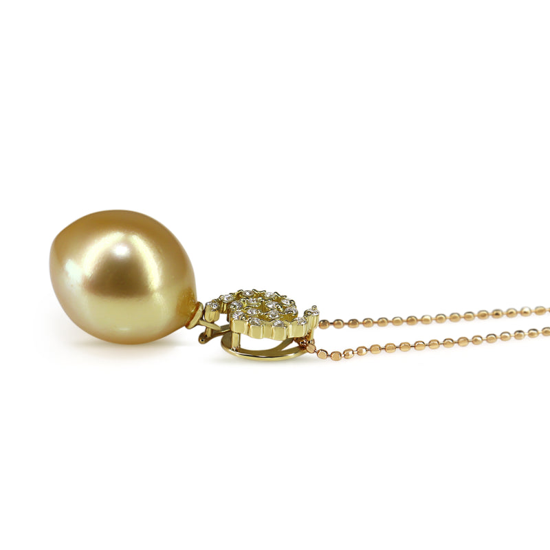 18ct Yellow Gold Golden South Sea Pearl and Diamond Necklace on Rose Gold Chain