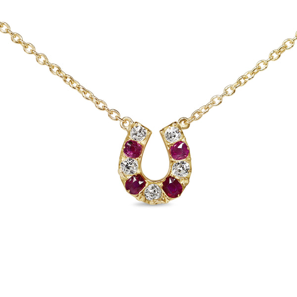 15ct Yellow Gold Antique Ruby and Old Cut Diamond Horseshoe Necklace with 9ct Chain