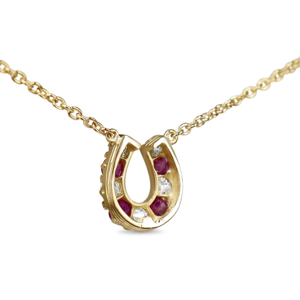 15ct Yellow Gold Antique Ruby and Old Cut Diamond Horseshoe Necklace with 9ct Chain