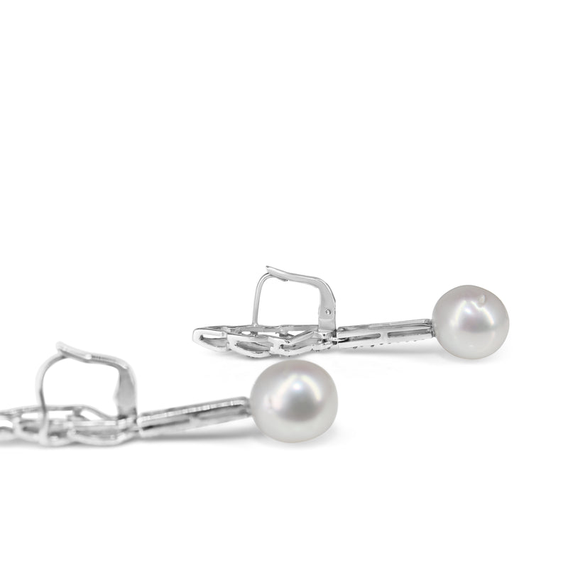 Palladium 10.5mm South Sea Pearl and Rose Cut Diamond Earrings