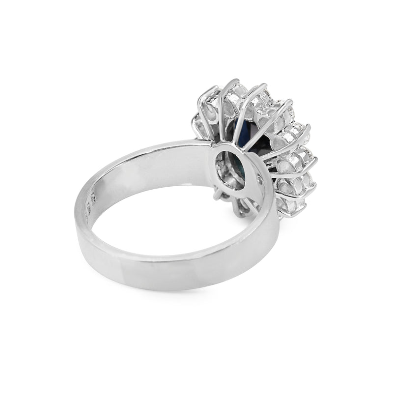 18ct White Gold Sapphire and Diamond Halo Cluster Ring