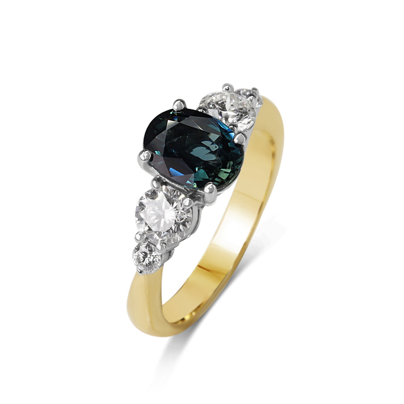 18ct Yellow and White Gold Oval Sapphire and Diamond 5 Stone Ring