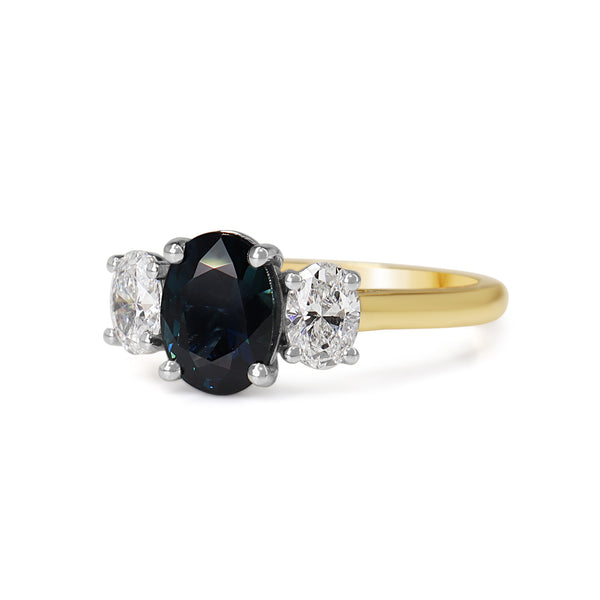 18ct Yellow and White Gold Oval Sapphire and Diamond 3 Stone Ring