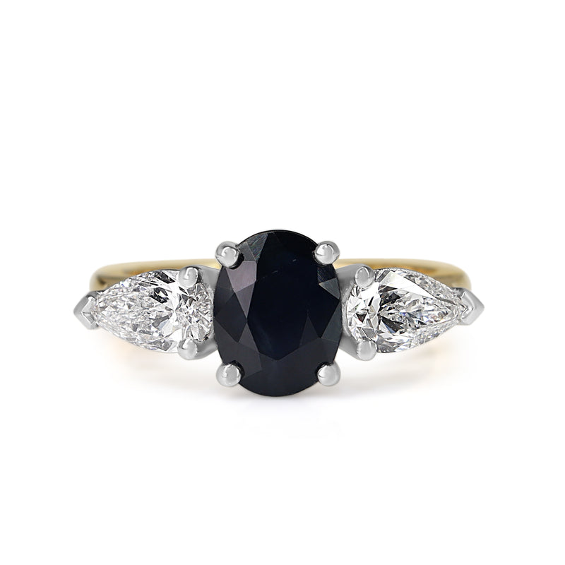 18ct Yellow and White Gold Oval Sapphire and Pear Diamond Ring