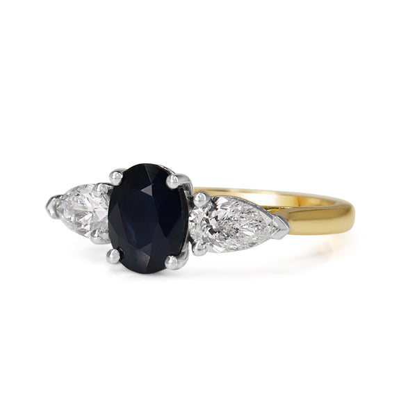 18ct Yellow and White Gold Oval Sapphire and Pear Diamond Ring