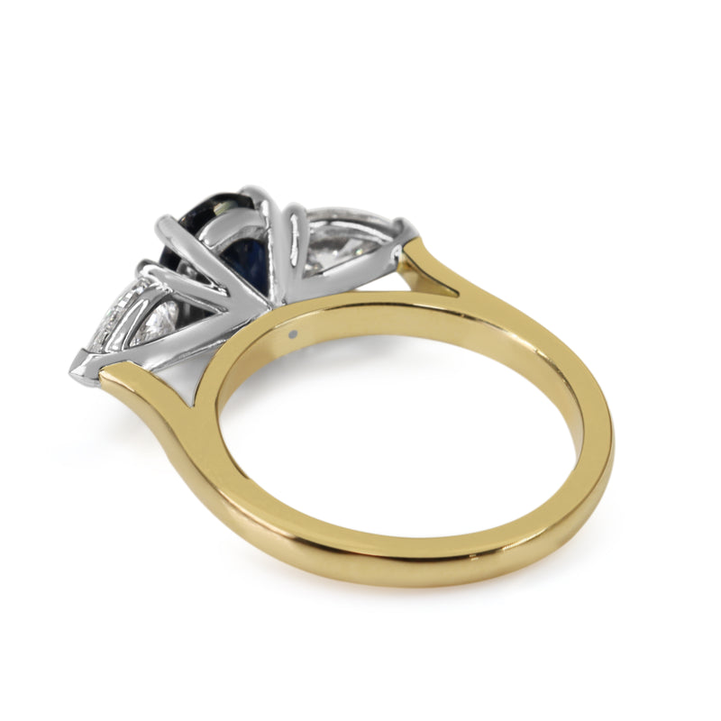 18ct Yellow and White Gold Oval Sapphire and Pear Diamond Ring