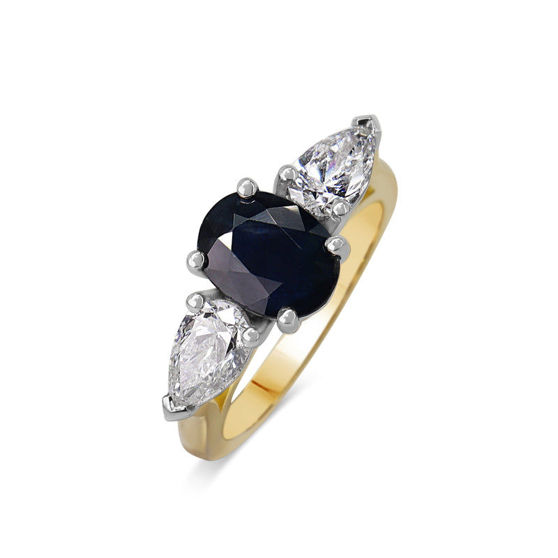 18ct Yellow and White Gold Oval Sapphire and Pear Diamond Ring