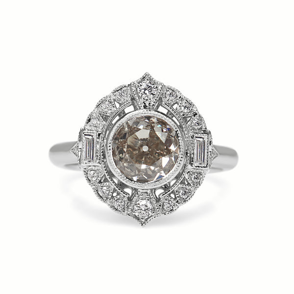 18ct White Gold Art Deco Style Champagne Old Cut Diamond Halo Ring