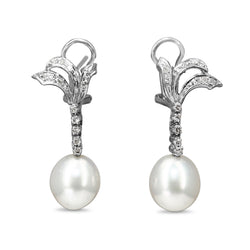 Palladium Art Deco 11mm South Sea Pearl Earrings with Single Cut Diamonds