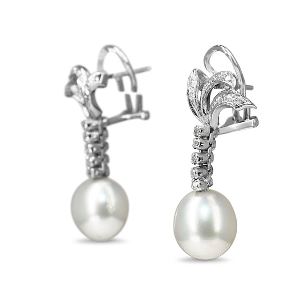 Palladium Art Deco 11mm South Sea Pearl Earrings with Single Cut Diamonds