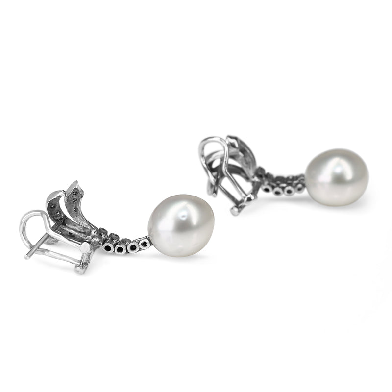 Palladium Art Deco 11mm South Sea Pearl Earrings with Single Cut Diamonds