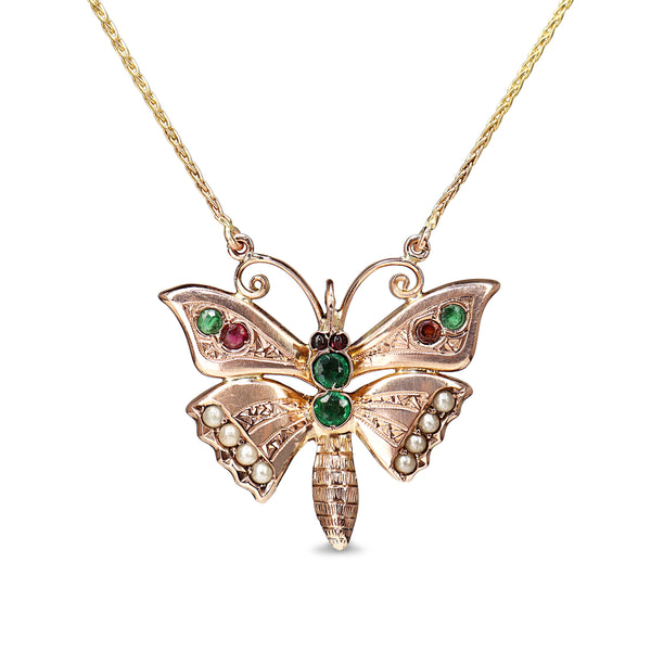 9ct Rose and Yellow Gold Antique Emerald, Pearl and Garnet Butterfly Necklace