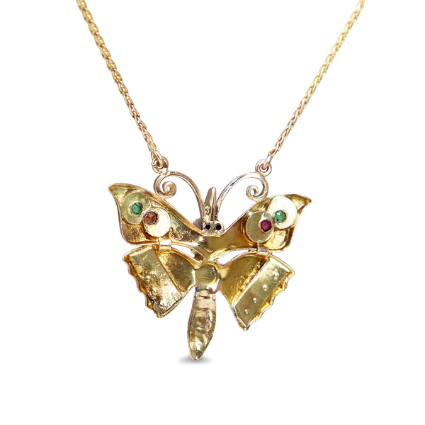 9ct Rose and Yellow Gold Antique Emerald, Pearl and Garnet Butterfly Necklace