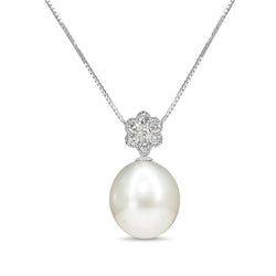 18ct White Gold 13.5mm South Sea Pearl and Diamond Daisy Style Necklace