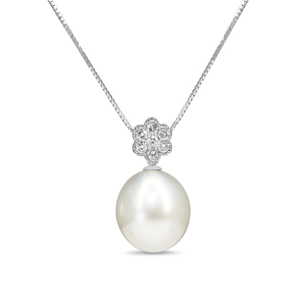 18ct White Gold 13.5mm South Sea Pearl and Diamond Daisy Style Necklace