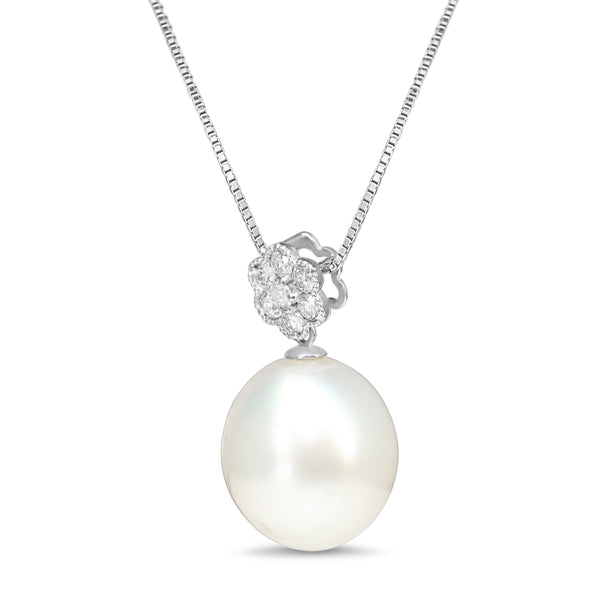 18ct White Gold 13.5mm South Sea Pearl and Diamond Daisy Style Necklace