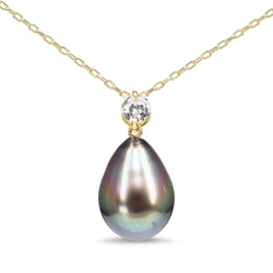 18ct Yellow Gold 10.8mm Tahitian Pearl Drop and Diamond Necklace