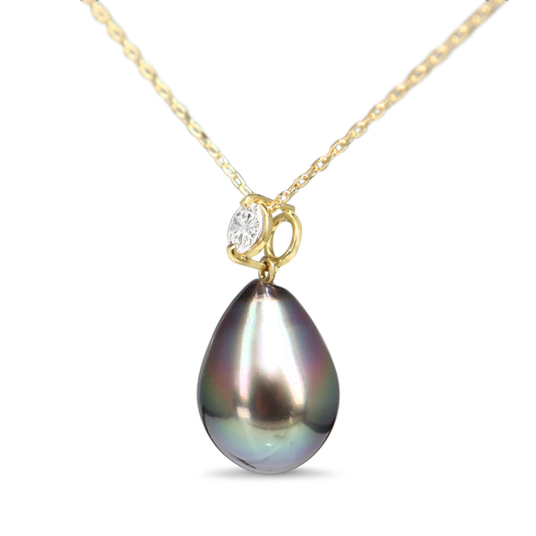 18ct Yellow Gold 10.8mm Tahitian Pearl Drop and Diamond Necklace