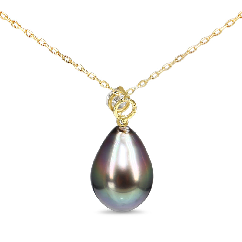 18ct Yellow Gold 10.8mm Tahitian Pearl Drop and Diamond Necklace