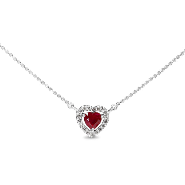 10ct White Gold Ruby Heart and Diamond Halo Necklace