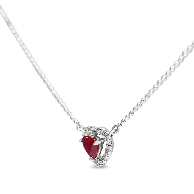 10ct White Gold Ruby Heart and Diamond Halo Necklace