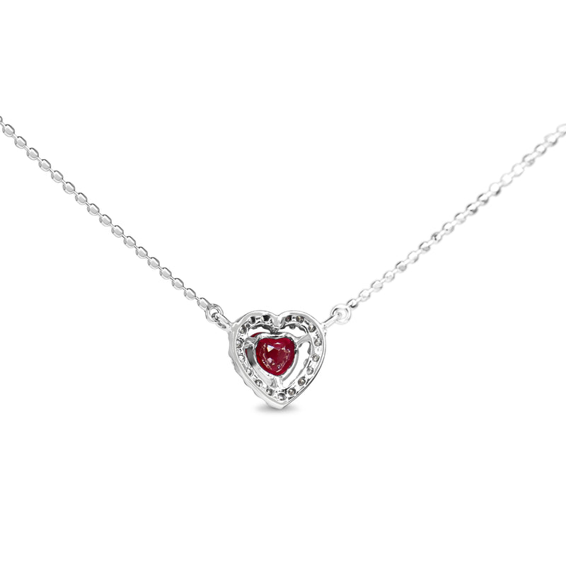 10ct White Gold Ruby Heart and Diamond Halo Necklace