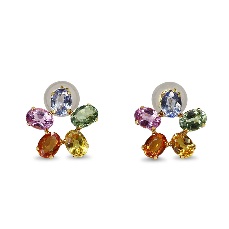 18ct Yellow Gold Rainbow / Multi Colour Sapphire Daisy Style Earrings