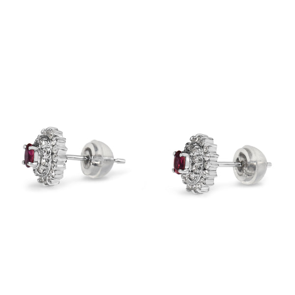 Platinum Ruby and Double Diamond Halo Stud Earrings