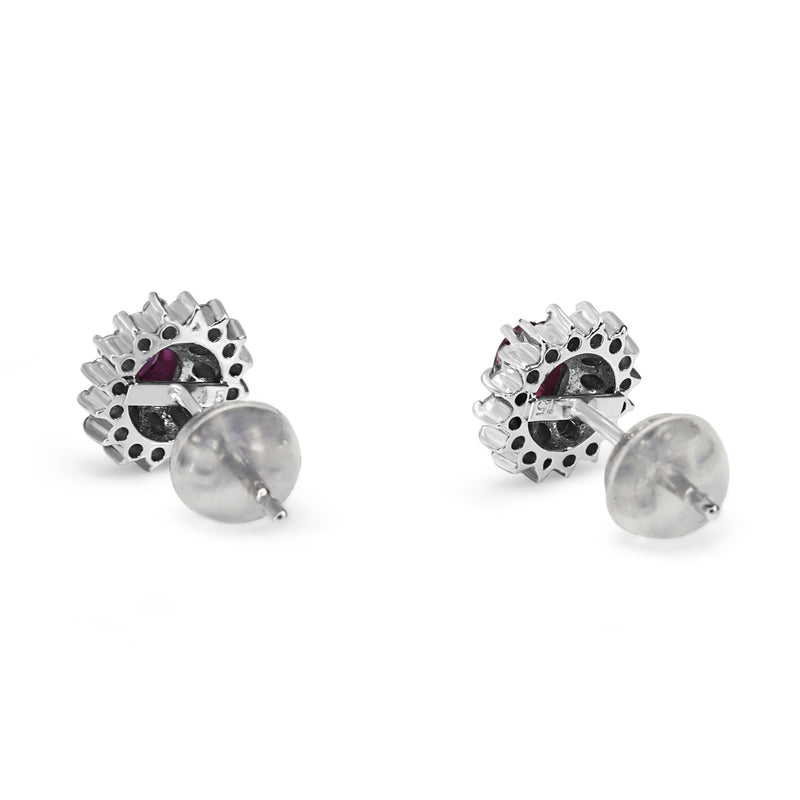 Platinum Ruby and Double Diamond Halo Stud Earrings