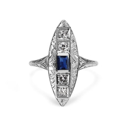 Platinum Art Deco Sapphire and Diamond Etched Shield Shaped Ring