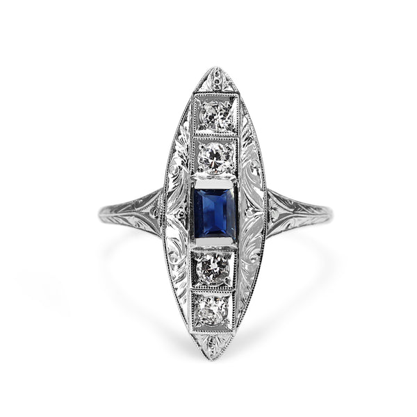 Platinum Art Deco Sapphire and Diamond Etched Shield Shaped Ring