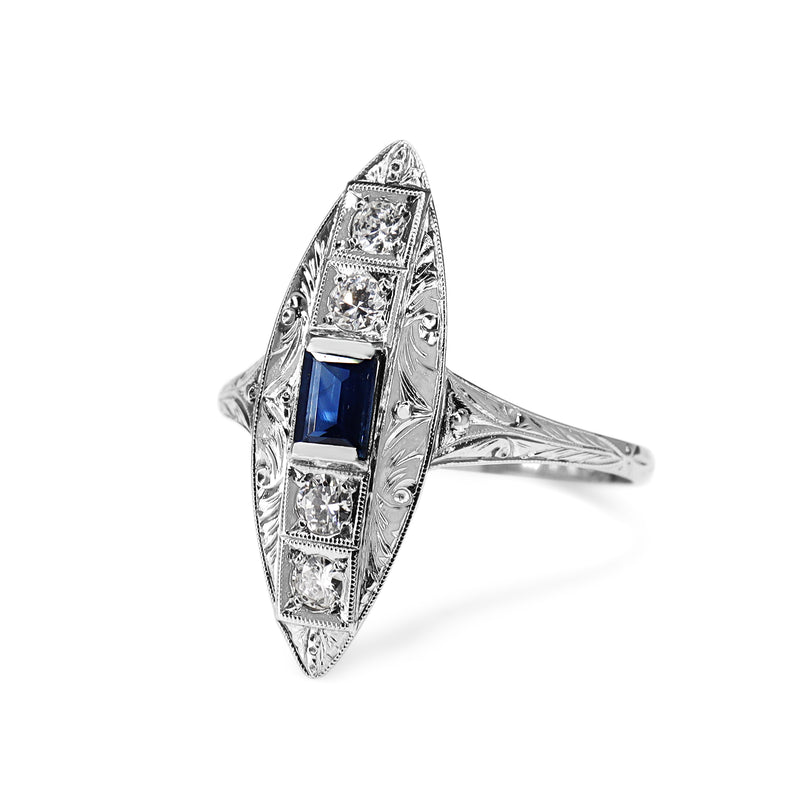 Platinum Art Deco Sapphire and Diamond Etched Shield Shaped Ring