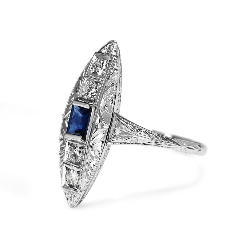 Platinum Art Deco Sapphire and Diamond Etched Shield Shaped Ring