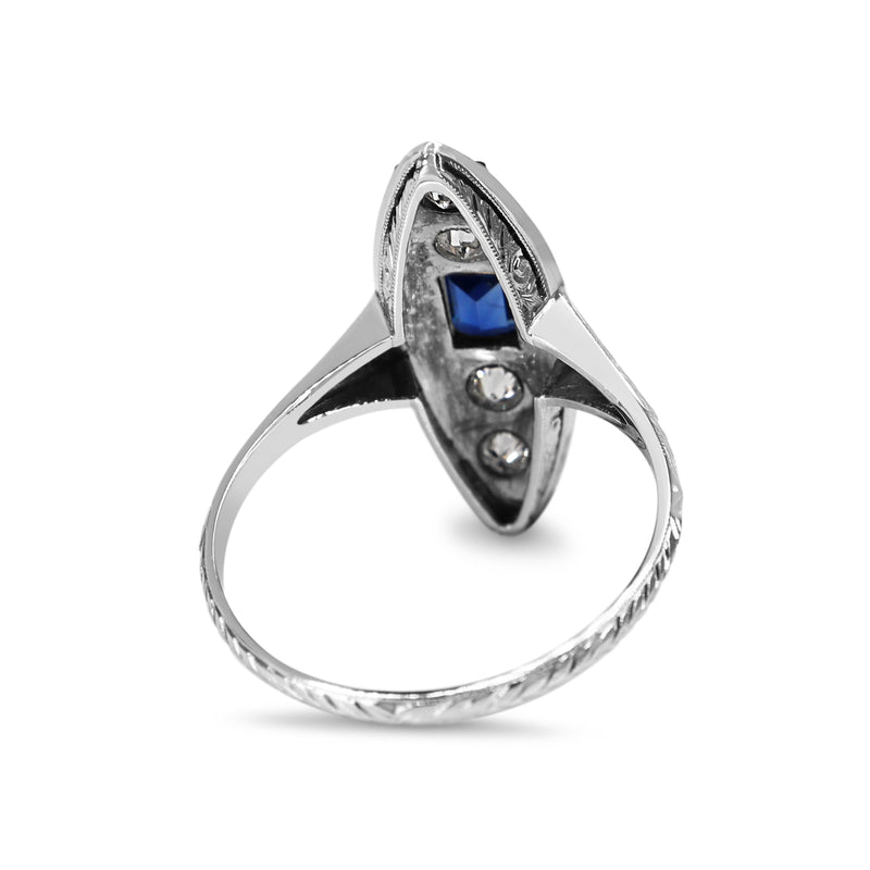 Platinum Art Deco Sapphire and Diamond Etched Shield Shaped Ring