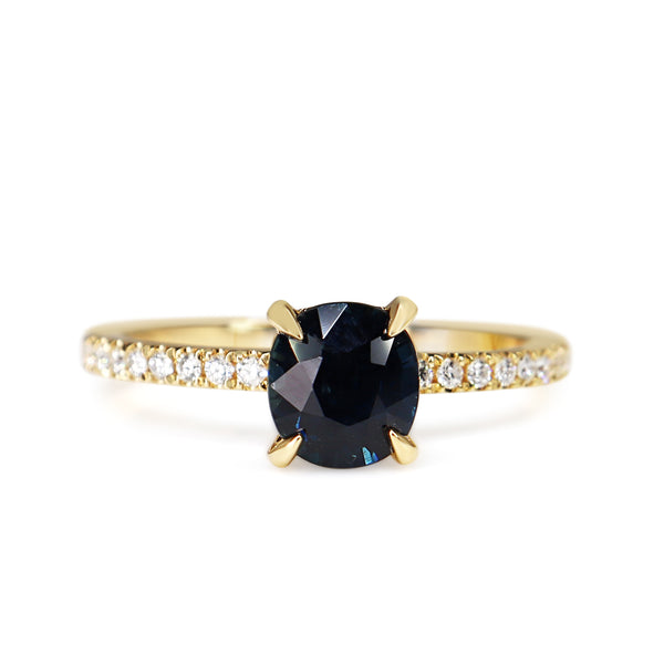 18ct Yellow Gold Cushion Sapphire and Diamond Solitaire Ring