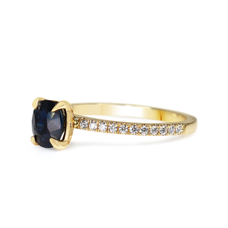 18ct Yellow Gold Cushion Sapphire and Diamond Solitaire Ring